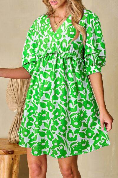 Printed Puff Half Sleeve V Neck Babydoll Dress Green for a perfect OOTD – dress to impress outfits from Amexza