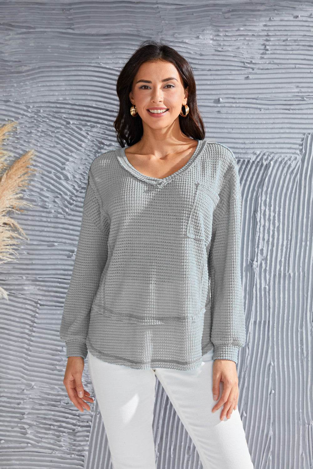 Waffle-Knit V-Neck Blouse with Breast Pocket - Amexza