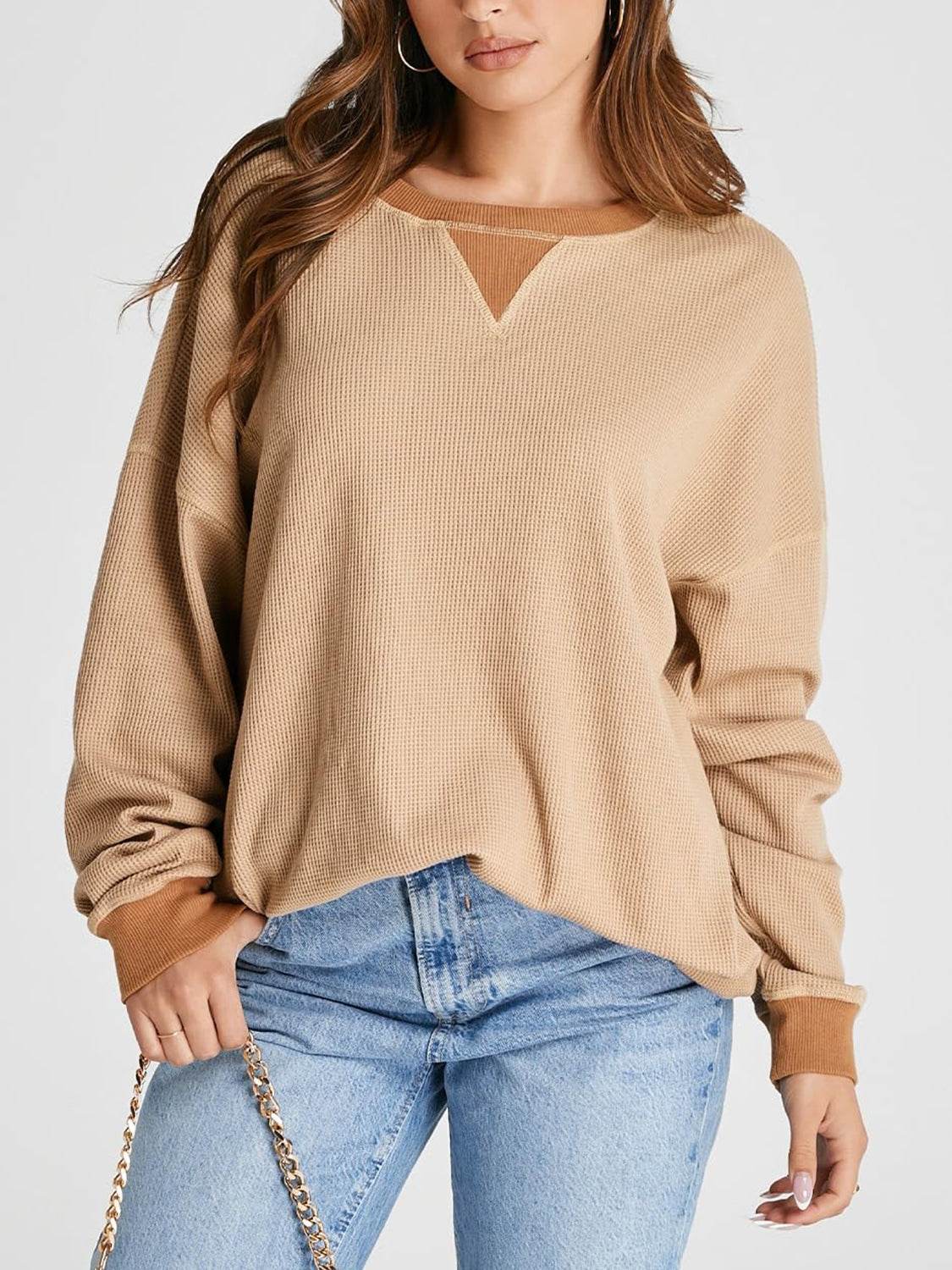 Waffle Knit Round Neck Long Sleeve T-Shirt Tan for a perfect OOTD – dress to impress outfits from Amexza