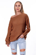 Boat Neck Drop Shoulder Long Sleeve Sweater Chestnut for a perfect OOTD – dress to impress outfits from Amexza