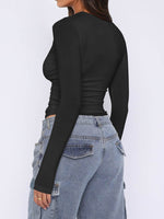 Ruched Asymmetrical Neck Long Sleeve T-Shirt - Amexza