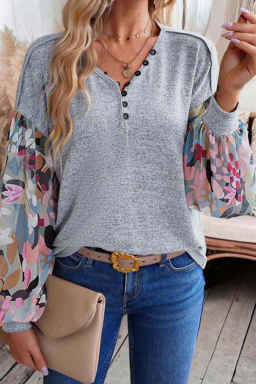 Printed Lantern Sleeve Buttoned V Neck Top - Amexza