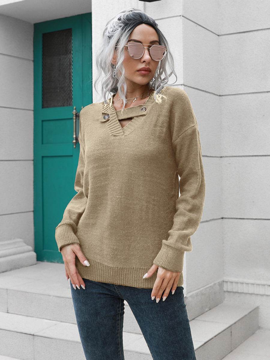 Dropped Shoulder Button Detail Sweater for a perfect OOTD – dress to impress outfits from Amexza