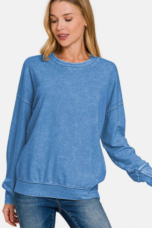Zenana Washed Round Neck Dropped Shoulder Sweatshirt for a perfect OOTD – dress to impress outfits from Amexza