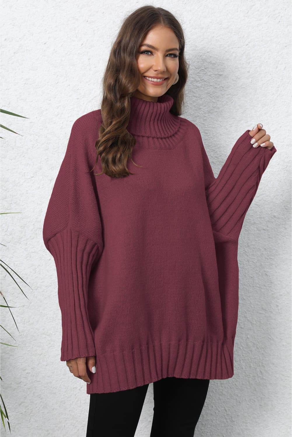Turtle Neck Long Sleeve Ribbed Sweater Burgundy One Size for a perfect OOTD – dress to impress outfits from Amexza