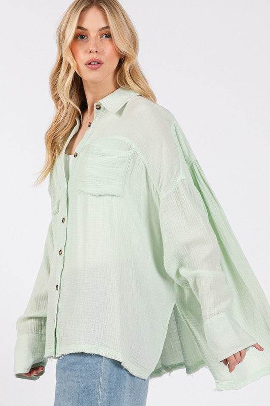 SAGE + FIG Frayed Hem Side Slit Button Down Shirt - Amexza