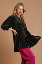 Umgee Full Size Beaded Frill Flounce Sleeve Velvet Babydoll Blouse - Amexza