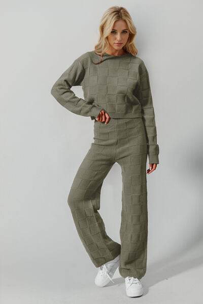 Double Take Full Size Checkered Round Neck Top and Pants Set Matcha Green for a perfect OOTD – dress to impress outfits from Amexza