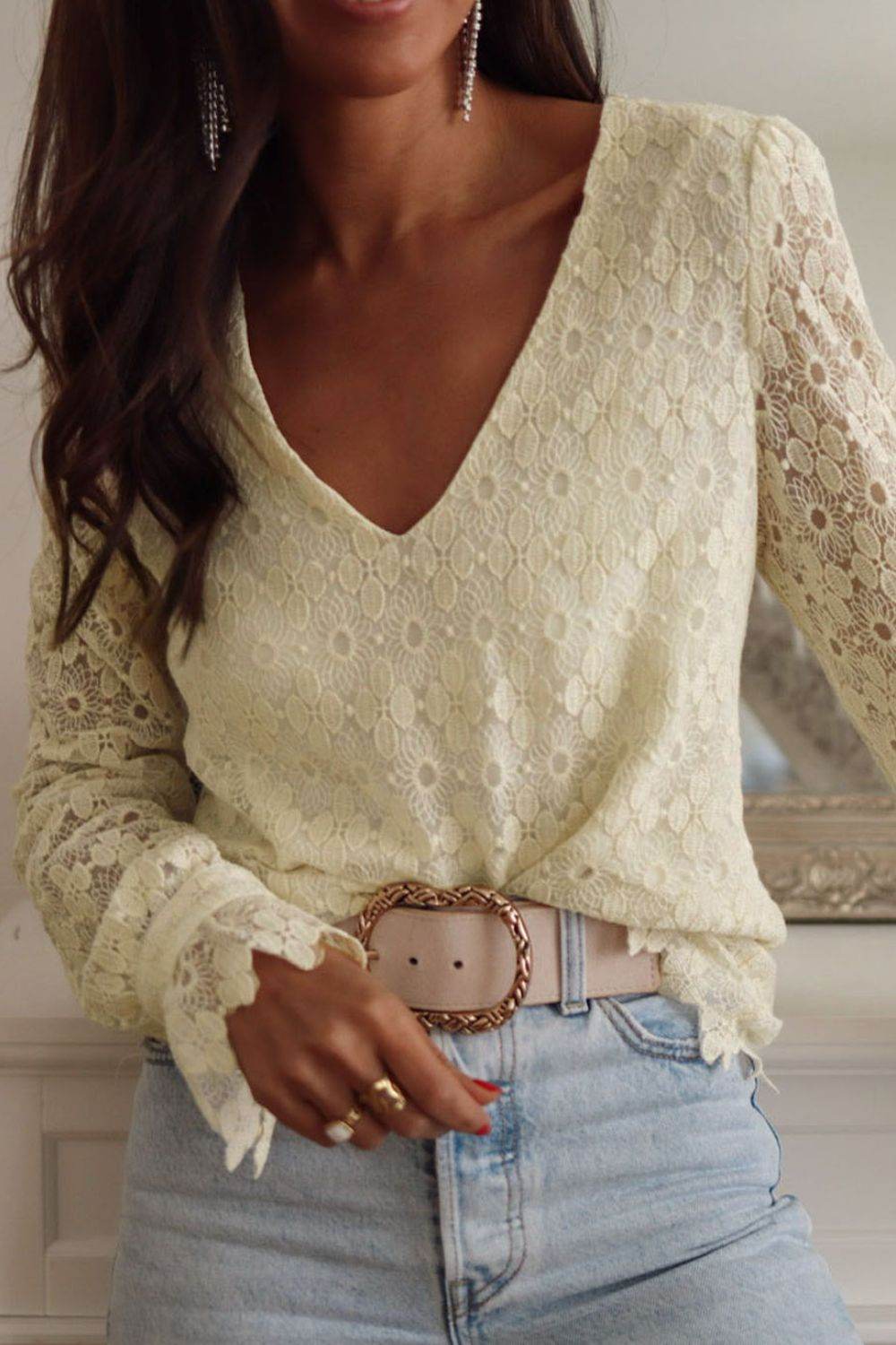 Lace Detail V-Neck Long Sleeve Blouse - Amexza