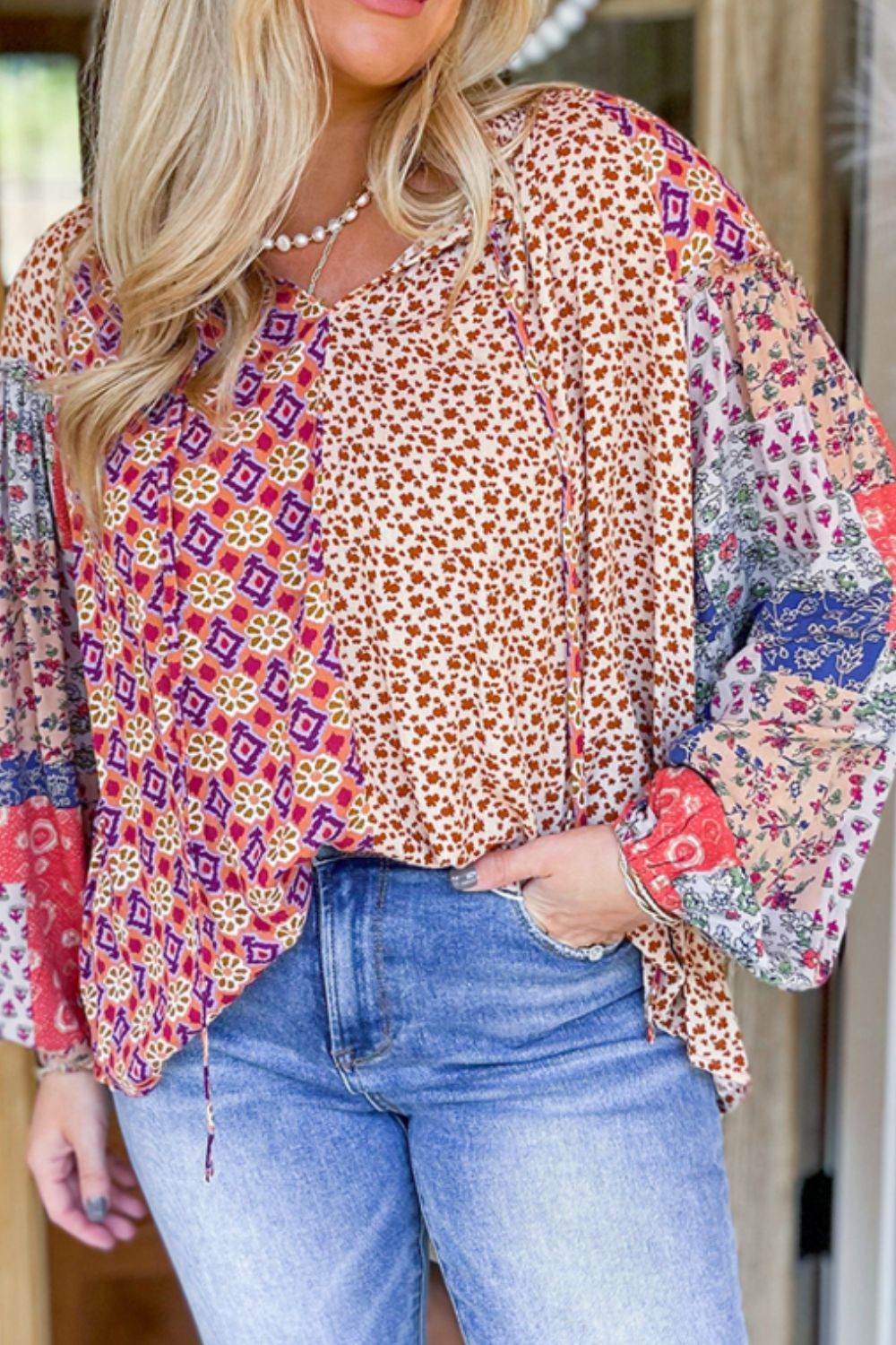 Printed Tie Neck Long Sleeve Blouse for a perfect OOTD – dress to impress outfits from Amexza