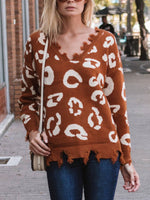 Leopard Frayed Hem Long Sleeve Sweater for a perfect OOTD – dress to impress outfits from Amexza