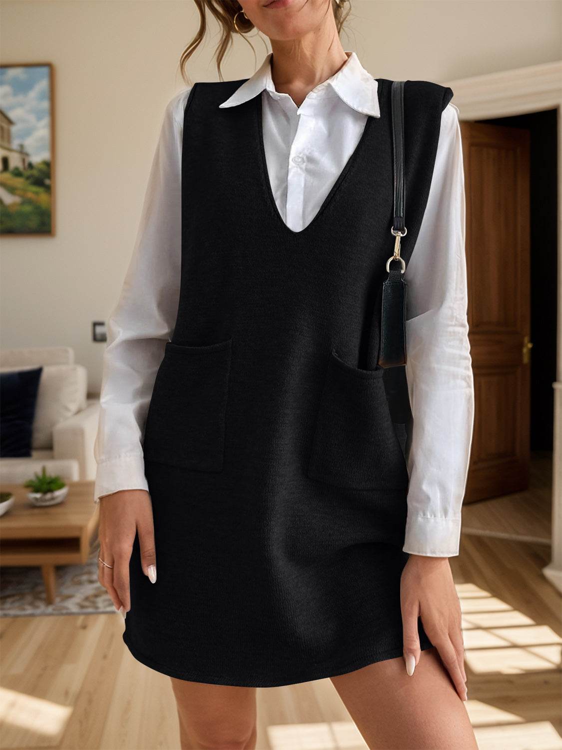 V-Neck Sleeveless Sweater Dress with Pockets Black for a perfect OOTD – dress to impress outfits from Amexza