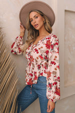 Floral V-Neck Drawstring Peplum Blouse - Amexza