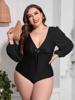 Plus Size Tied Deep V Balloon Sleeve One-Piece Swimsuit for a perfect OOTD – dress to impress outfits from Amexza