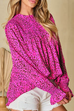 Ruched Leopard Mock Neck Long Sleeve Blouse - Amexza