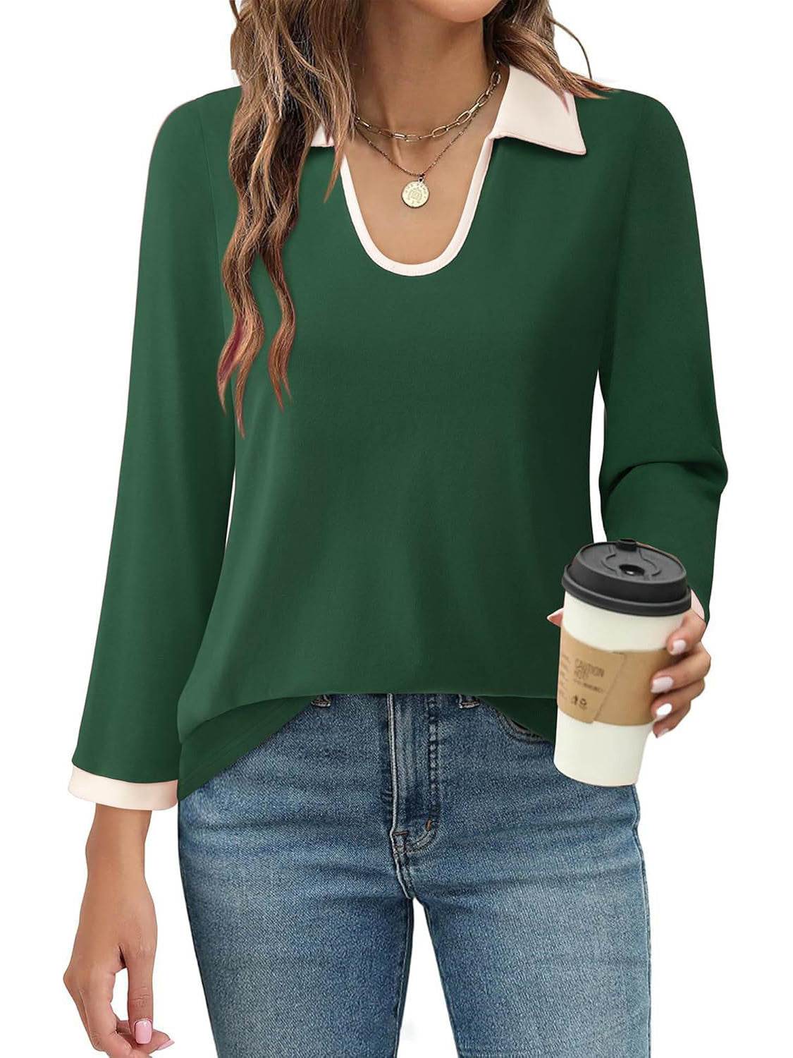 Contrast Collared Neck Long Sleeve Top - Amexza