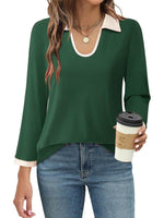 Contrast Collared Neck Long Sleeve Top - Amexza