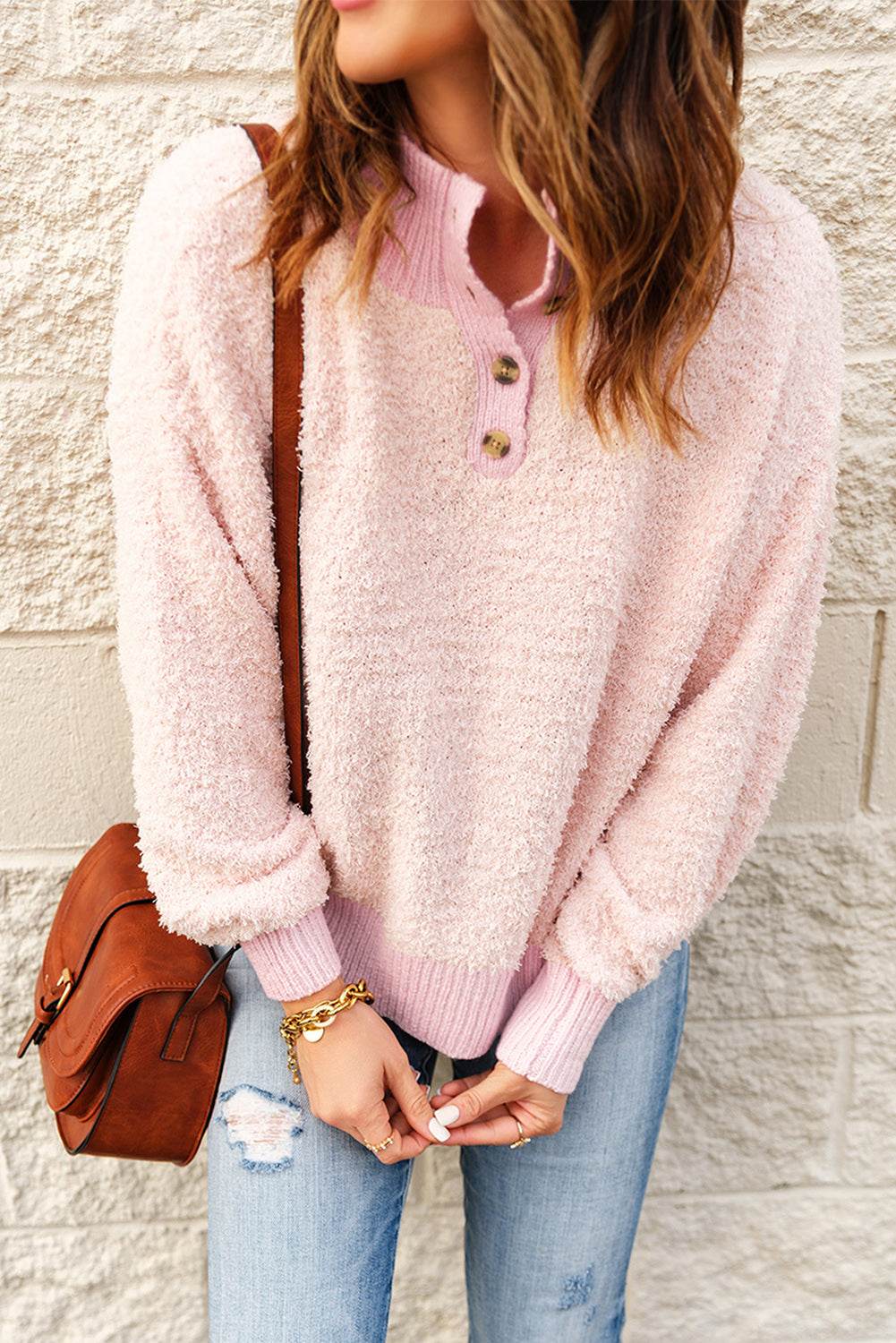 Button Detail Mock Neck Long Sleeve Sweater Blush Pink for a perfect OOTD – dress to impress outfits from Amexza