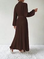 Half Button Tie Waist Long Sleeve Maxi Dress - Amexza