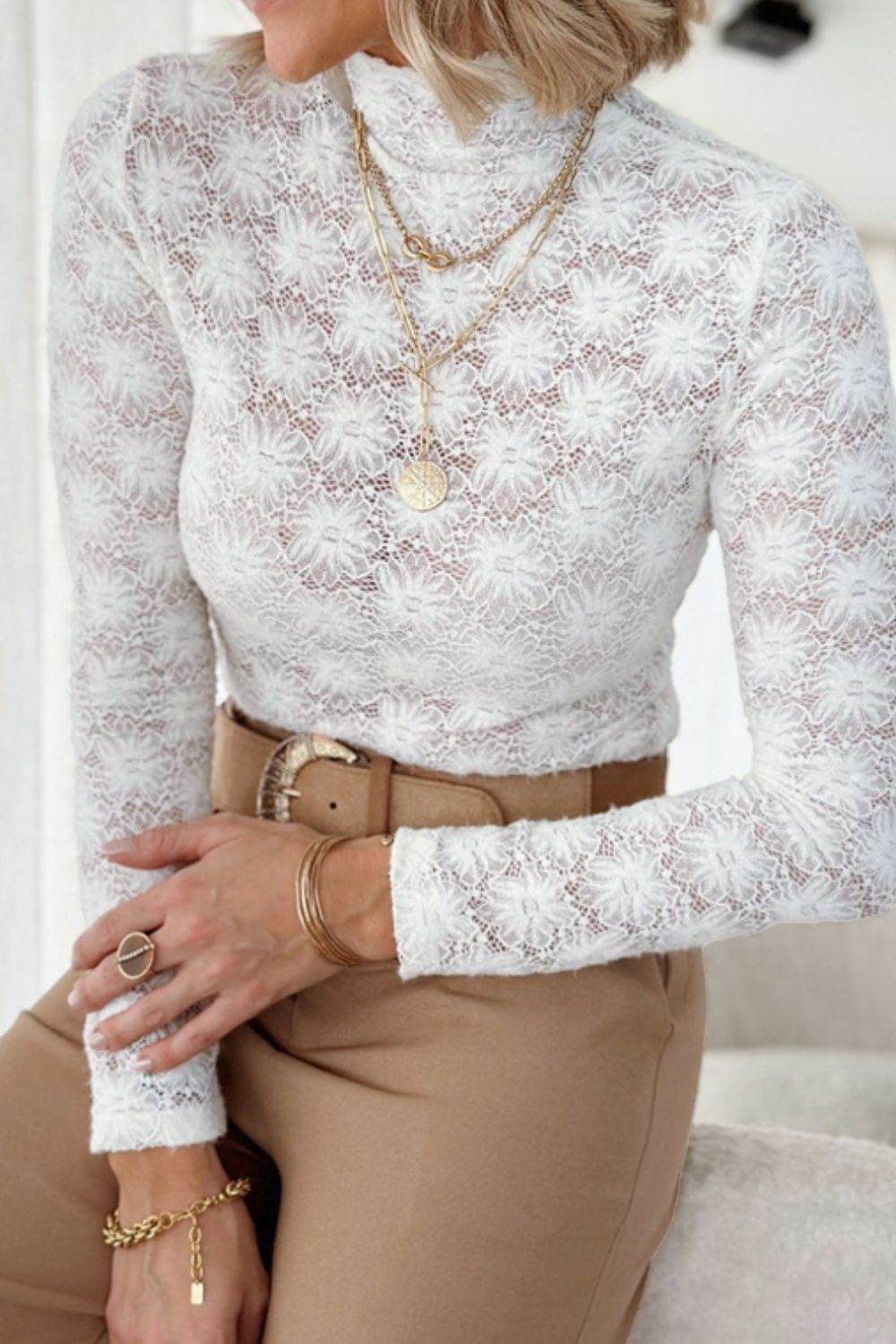 Mock Neck Long Sleeve Lace Top - Amexza