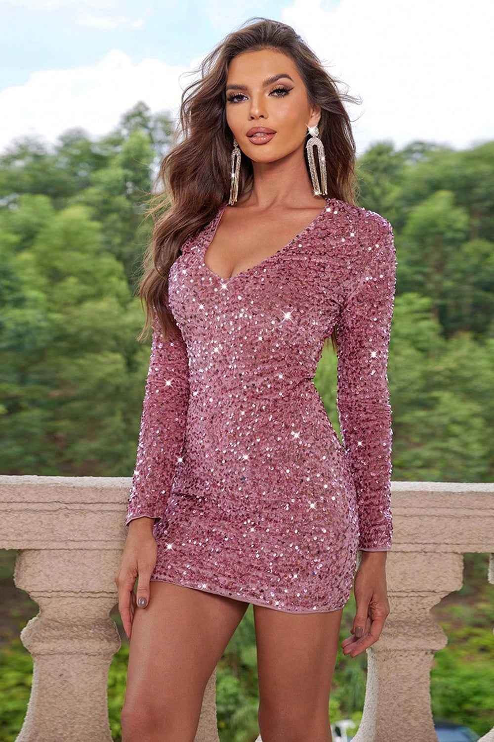 Sequin V-Neck Long Sleeve Mini Dress - Amexza