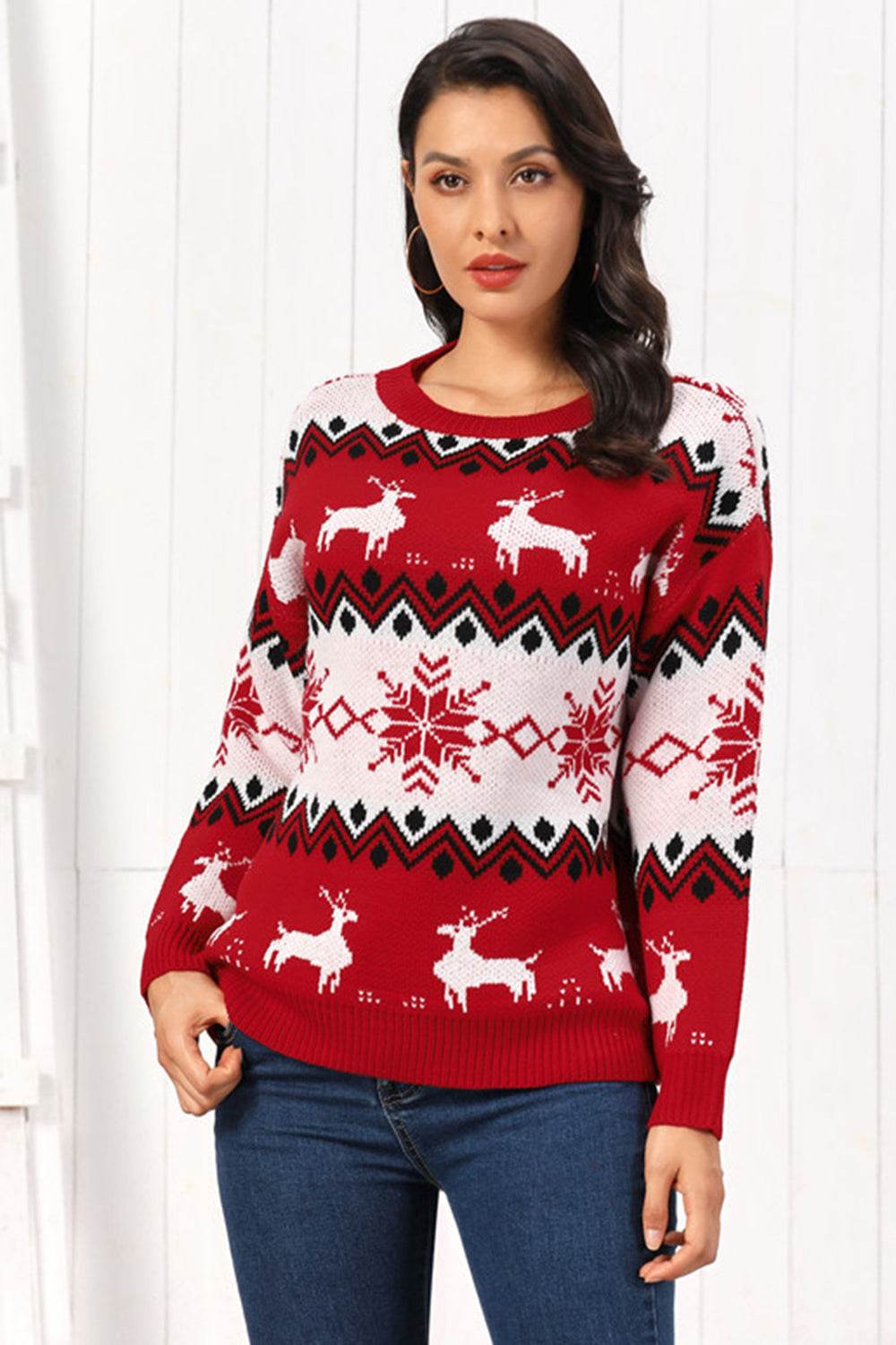 Reindeer Round Neck Sweater Deep Red for a perfect OOTD – dress to impress outfits from Amexza