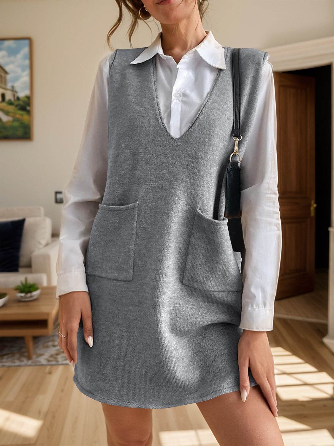 V-Neck Sleeveless Sweater Dress with Pockets Dark Gray for a perfect OOTD – dress to impress outfits from Amexza