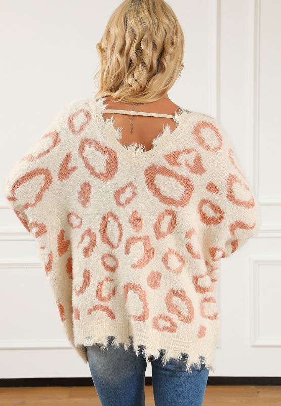 Distressed Trim Leopard V-Neck Sweater for a perfect OOTD – dress to impress outfits from Amexza