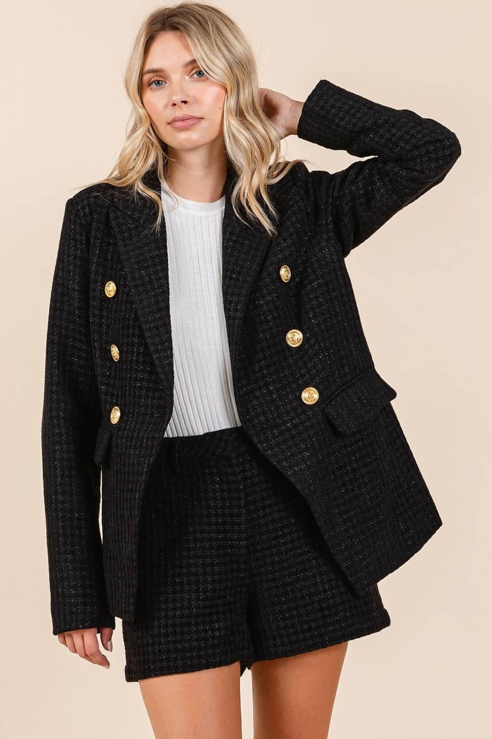 Mittoshop Plaid Texture Double-Breasted Long Sleeve Blazer - Amexza
