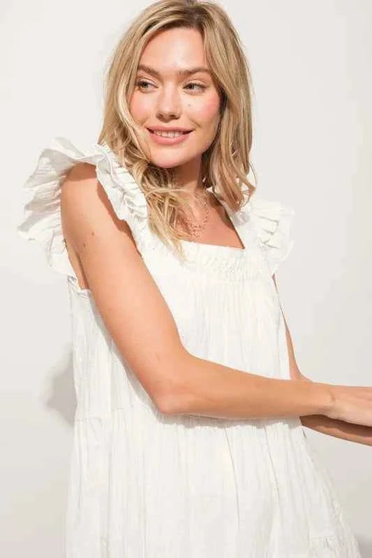 And The Why Origami Pleating Ruffled Sleeve Tiered Dress