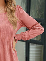Smocked Round Neck Lantern Sleeve Blouse - Amexza