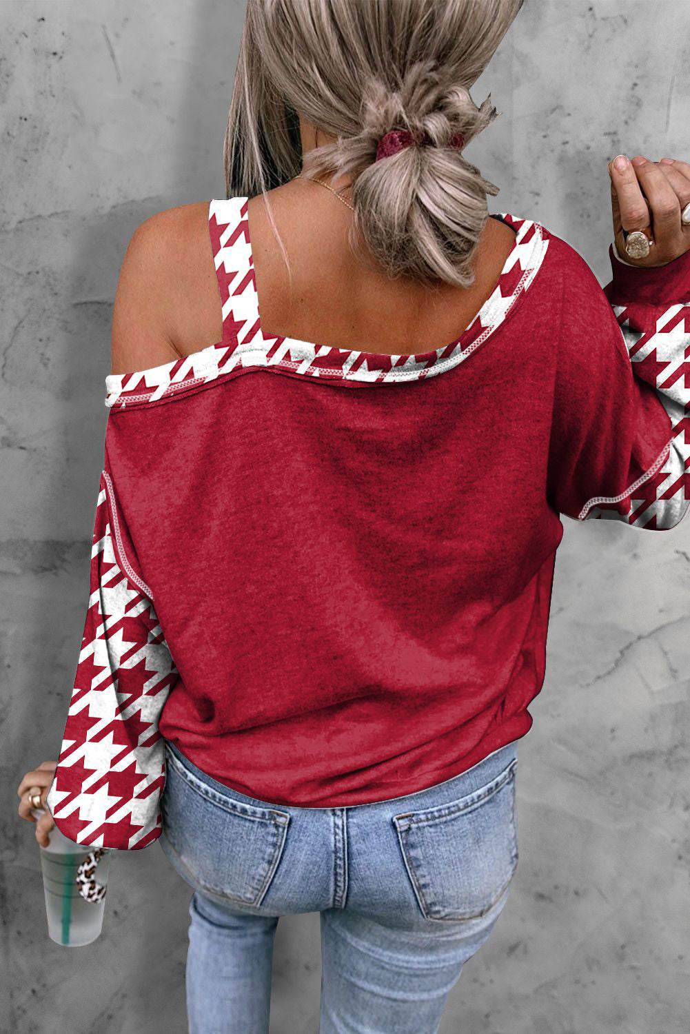 Houndstooth Long Sleeve Asymmetrical Neck Top - Amexza