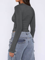 Ruched Asymmetrical Neck Long Sleeve T-Shirt - Amexza