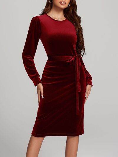 Round Neck Tie Waist Long Sleeve Velvet Dress for a perfect OOTD – dress to impress outfits from Amexza