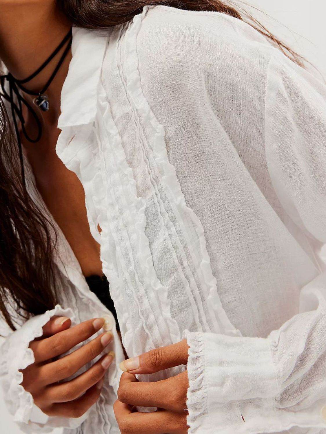 Frill Ruched Collared Neck Long Sleeve Shirt for a perfect OOTD – dress to impress outfits from Amexza