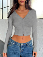 Buttoned V-Neck Long Sleeve T-Shirt - Amexza