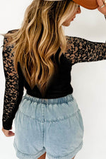 Mock Neck Long Sleeve Lace Patchwork T-Shirt - Amexza