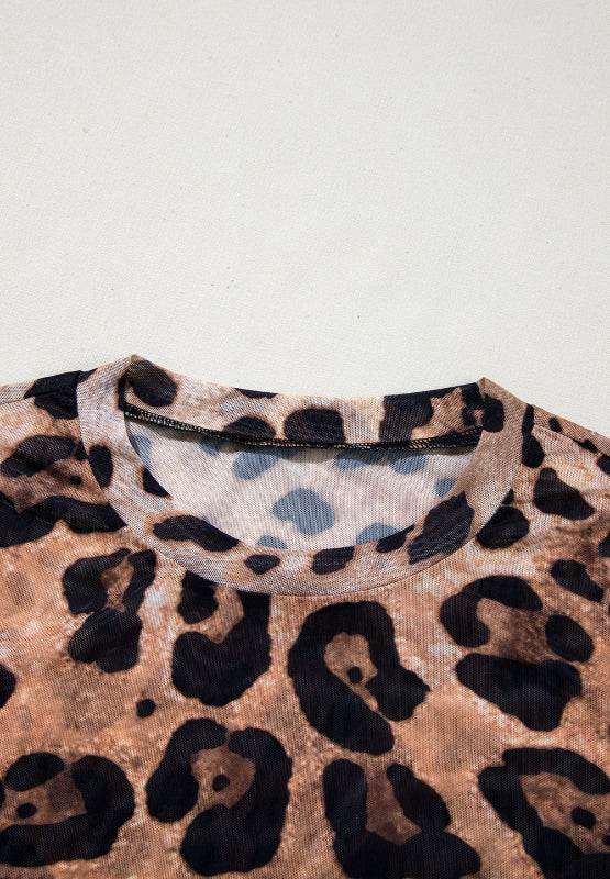 Leopard Round Neck Long Sleeve Blouse - Amexza