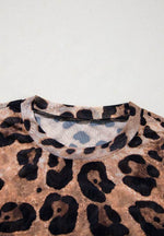 Leopard Round Neck Long Sleeve Blouse - Amexza