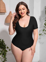 Plus Size Scoop Neck Short Sleeve One-Piece Swimsuit Black for a perfect OOTD – dress to impress outfits from Amexza