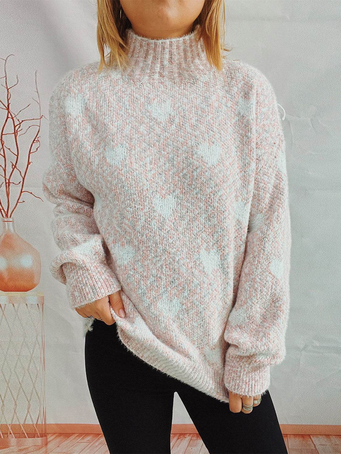 Heart Heathered Turtleneck Drop Shoulder Sweater Blush Pink One Size for a perfect OOTD – dress to impress outfits from Amexza
