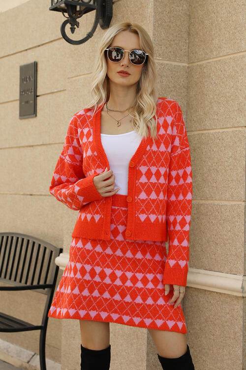 Geometric Button Front Cardigan and Skirt Set for a perfect OOTD – dress to impress outfits from Amexza