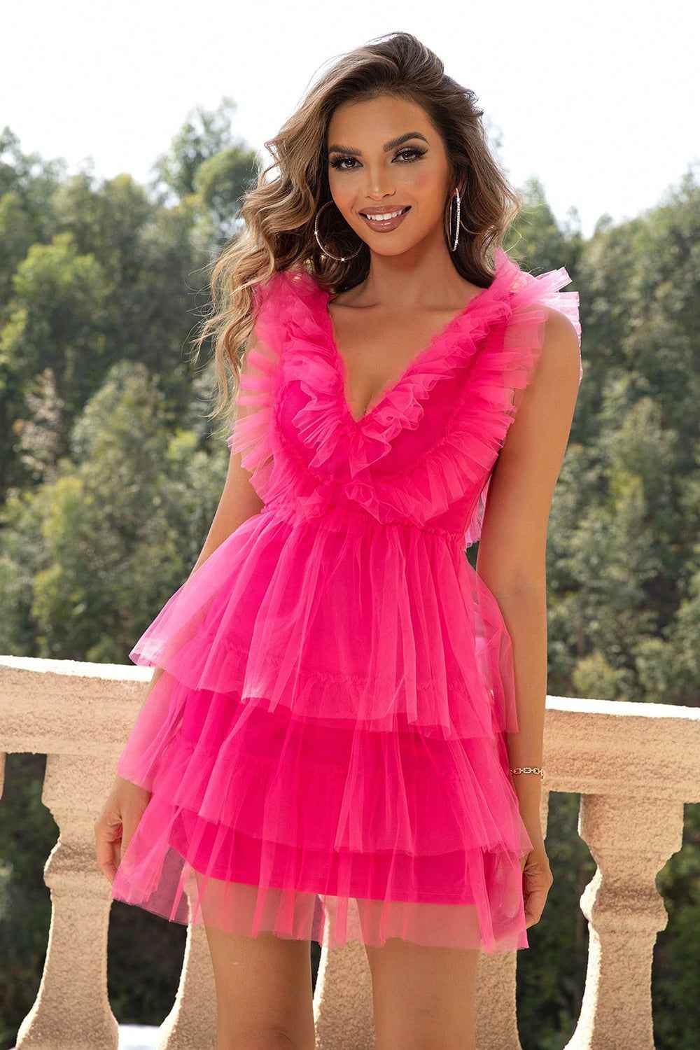 Ruffled V-Neck Sleeveless Mesh Dress for a perfect OOTD – dress to impress outfits from Amexza