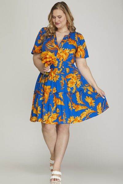 She + Sky Full Size Printed Notched Short Sleeve Frill Tiered Dress Plus Size for a perfect OOTD – dress to impress outfits from Amexza
