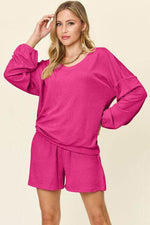 Double Take Full Size Texture V-Neck Long Sleeve T-Shirt and Shorts Set for a perfect OOTD – dress to impress outfits from Amexza