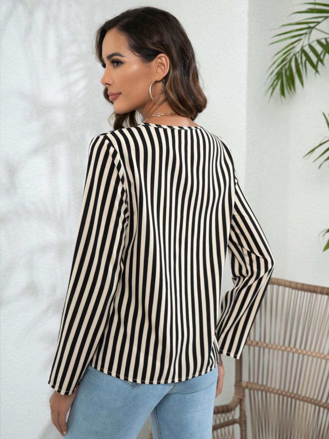 Striped Long Sleeve Notched Blouse - Amexza
