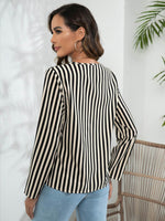 Striped Long Sleeve Notched Blouse - Amexza