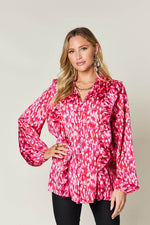 Double Take Full Size Printed Ruffle Trim Balloon Sleeve Shirt - Amexza