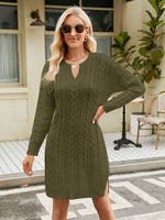 Notched Neck Cable-Knit Slit Sweater Dress Matcha Green for a perfect OOTD – dress to impress outfits from Amexza