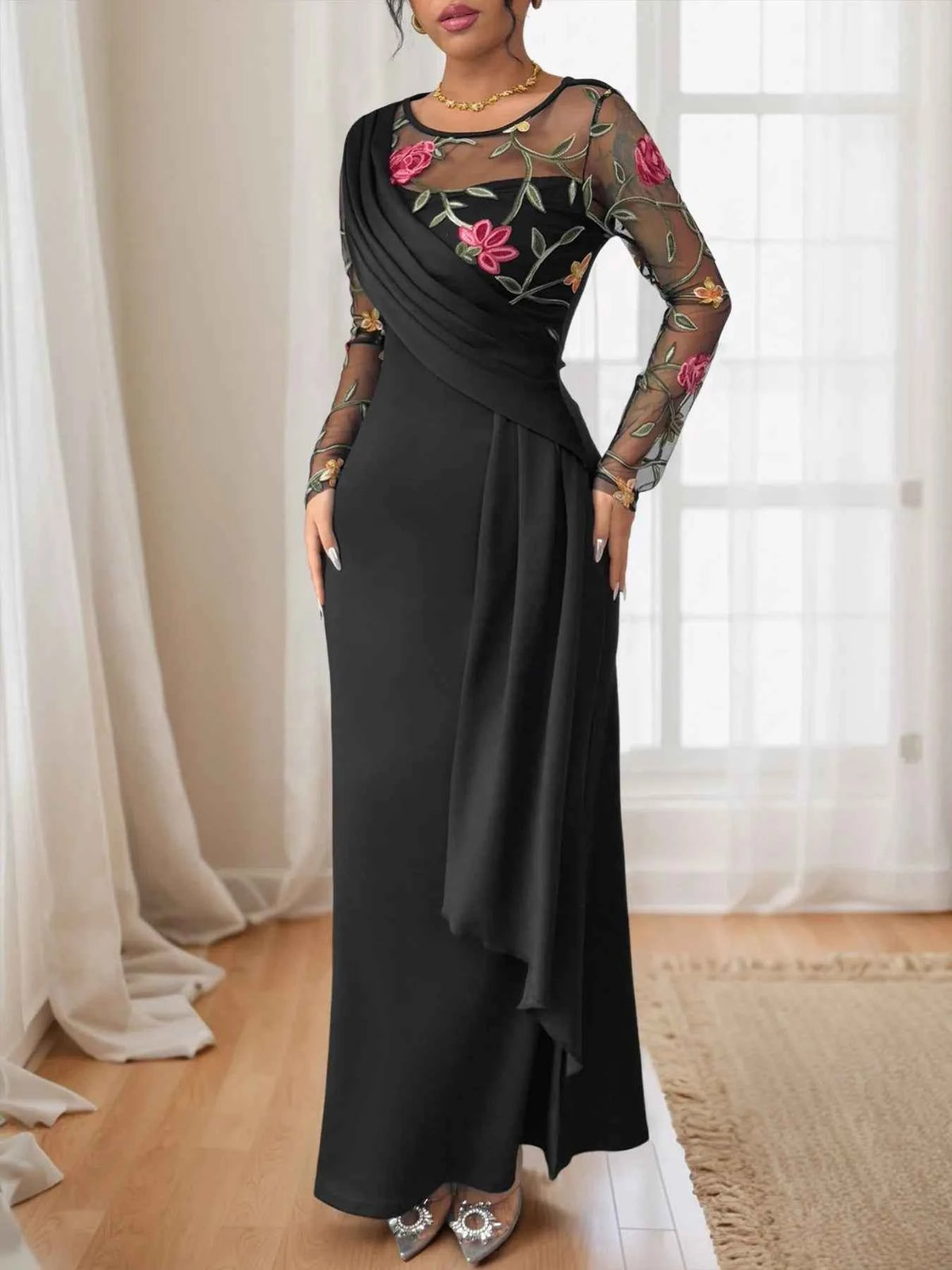 Floral Mesh Sleeve Ruched Maxi Dress